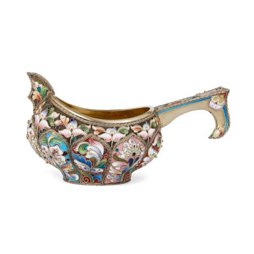 Cloisonné enamel, silver and pearl Russian kovsch