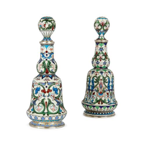 Pair of Russian cloisonné enamel perfume flasks