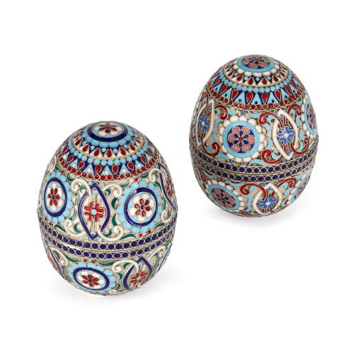 Two silver gilt and cloisonné enamel Russian eggs
