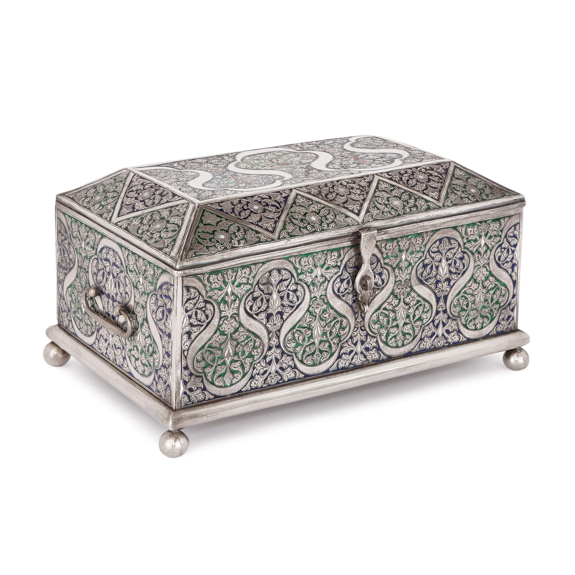 Large antique engraved and enamelled Bukhara silver casket Mayfair