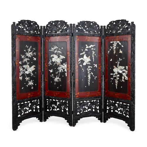 Mother-of-pearl mounted and lacquered wood Chinese screen