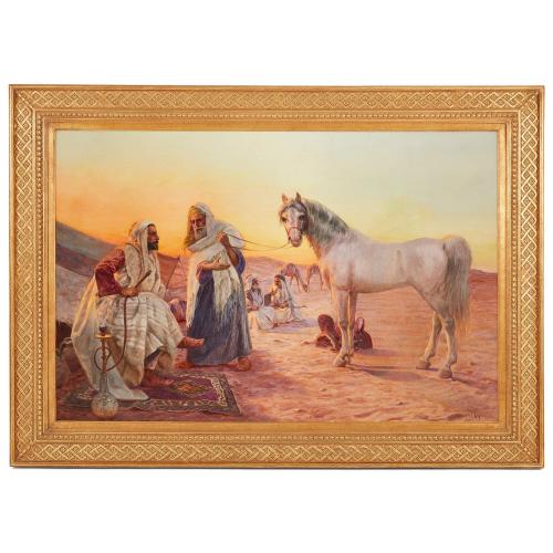 Antique oil painting by Pilny depicting the trade of a horse