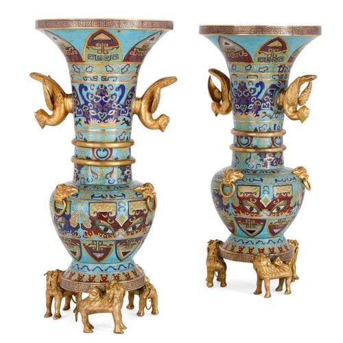 Pair of Chinese Qing dynasty cloisonné enamel and ormolu vases