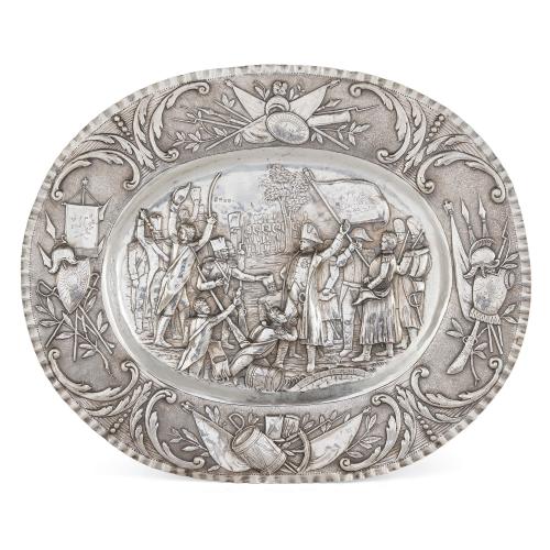 Silver tray embossed with Napoleonic scene by Georg Roth & Co