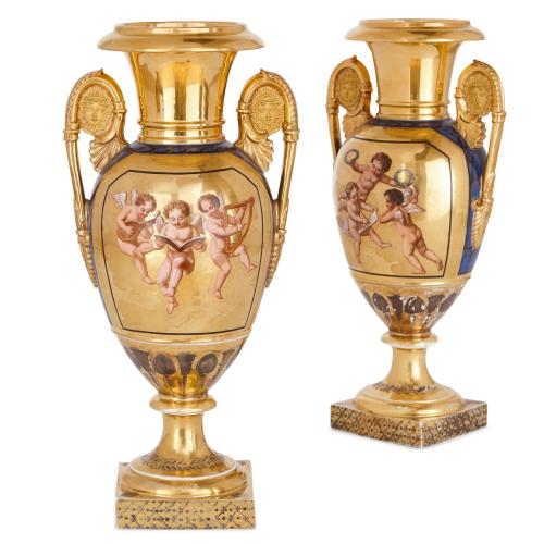 Antique French Neoclassical Paris porcelain gilt vases