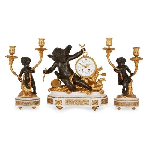 Marble mounted gilt and patinated bronze antique clock set