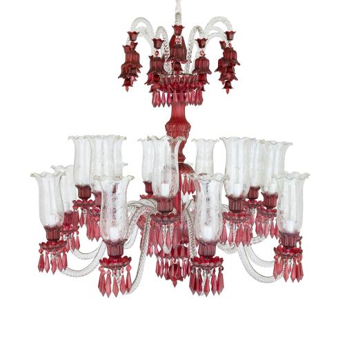 Large Belle Époque style red and clear cut glass chandelier 