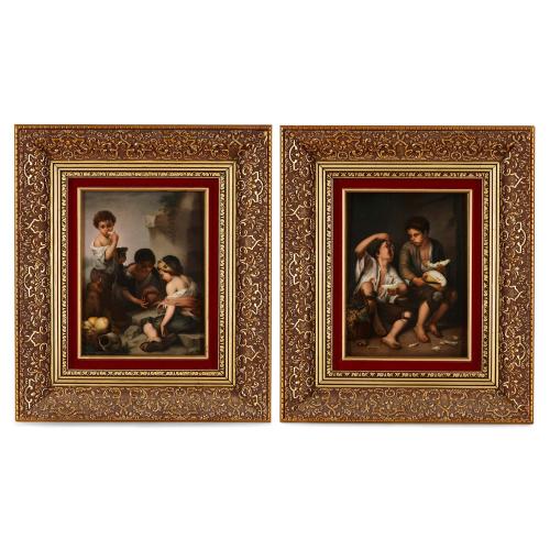 Pair of antique KPM porcelain plaques after Murillo