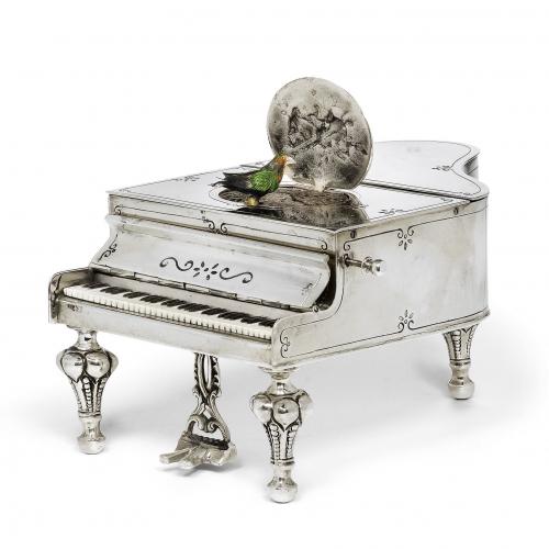 German silver musical bird box in the form of a grand piano