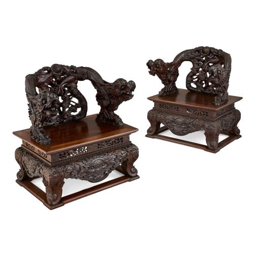 Pair of Chinese Late Qing Dynasty Carved Hongmu Armchairs