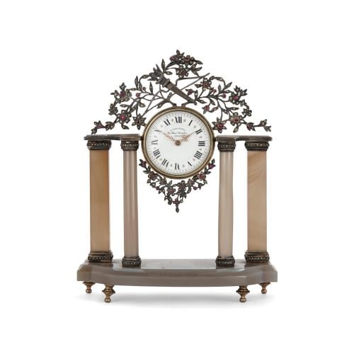 Silver, precious stone, and agate antique table clock by Dreyfous