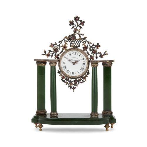 Silver, nephrite and precious stone table clock by Dreyfous