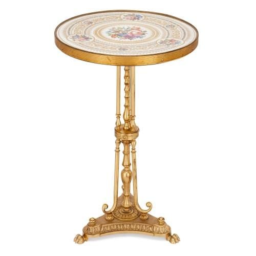 Gilt bronze side table with round floral porcelain top
