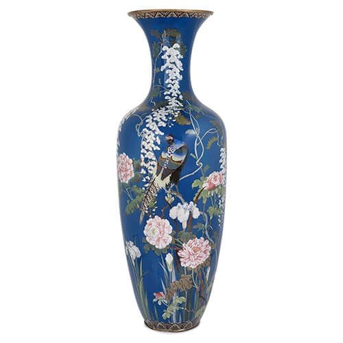 Large antique Meiji period blue cloisonne enamel vase