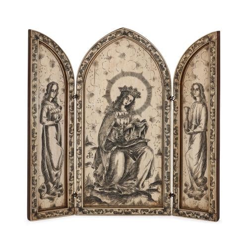 19th Century engraved bone triptych of the Madonna