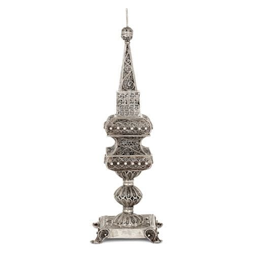Continental filigreed silver Judaica spice tower