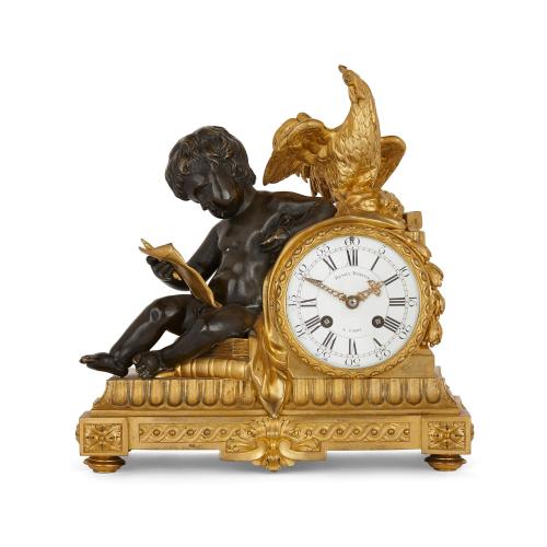 Gilt and patinated bronze antique mantel clock by Dasson
