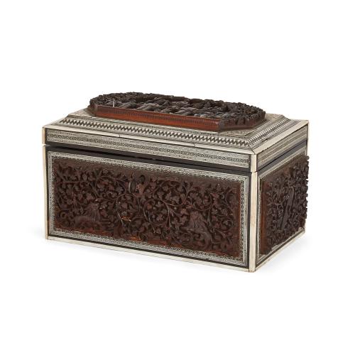 Ivory, lacquered and hardwood antique Vizagapatam tea caddy