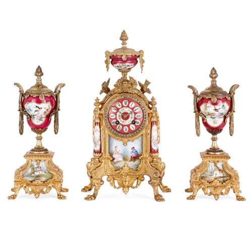 Antique gilt metal and painted porcelain red clock set