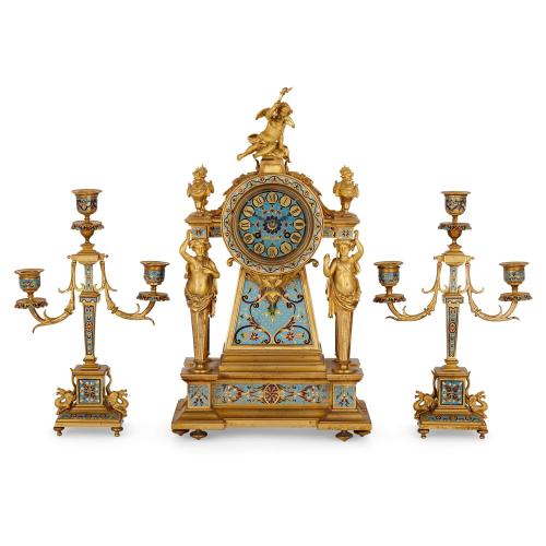 Ormolu and champlevé enamel antique clock set retailed by Janetti