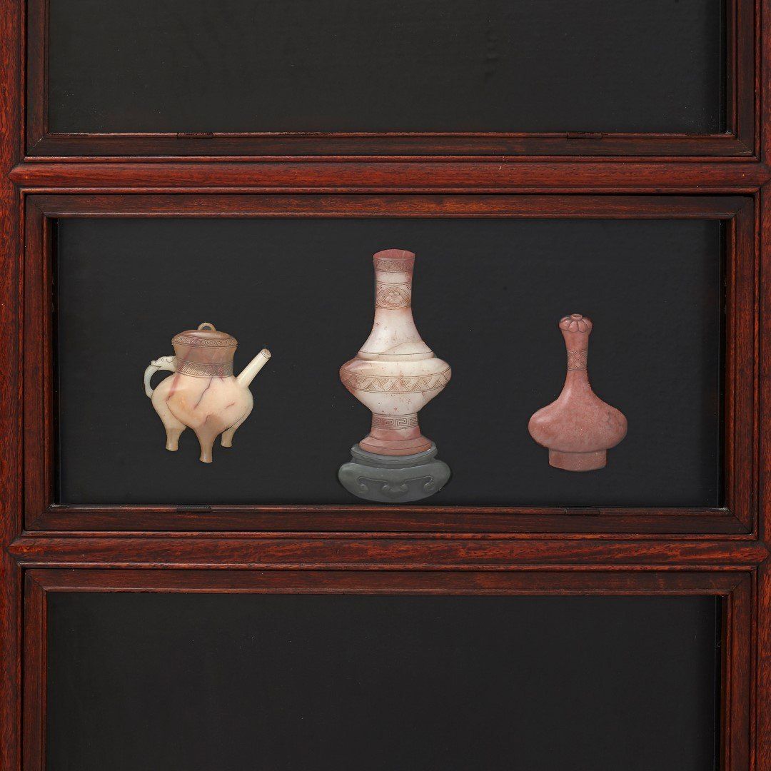 Chinese jade, quartz and ivory six panel folding screen