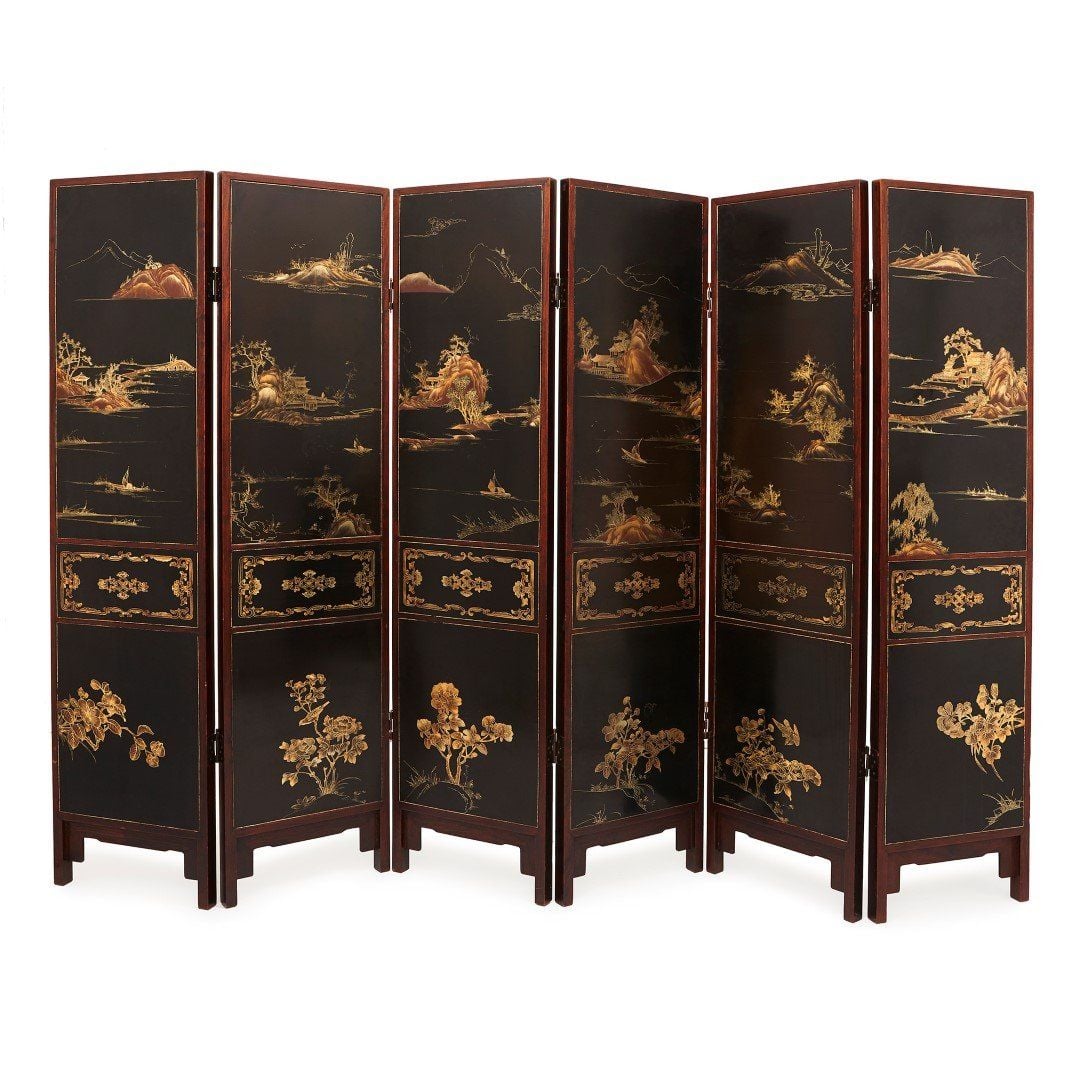 Chinese jade, quartz and ivory six panel folding screen Mayfair Gallery