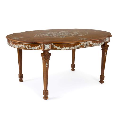 Antique Louis XVI style ivory inlaid birchwood centre table