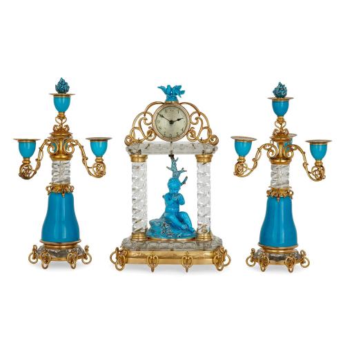 Ormolu and turquoise porcelain three-piece clock set