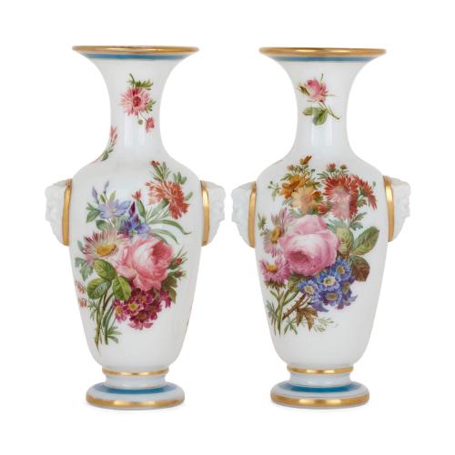Pair of white opaline glass antique vases by Baccarat 