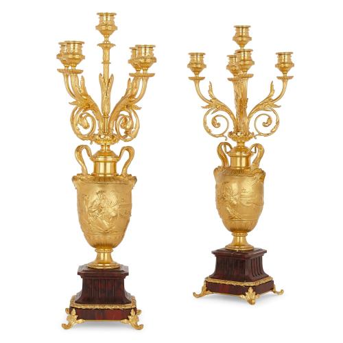 Pair of ormolu and marble candelabra by F. Barbedienne