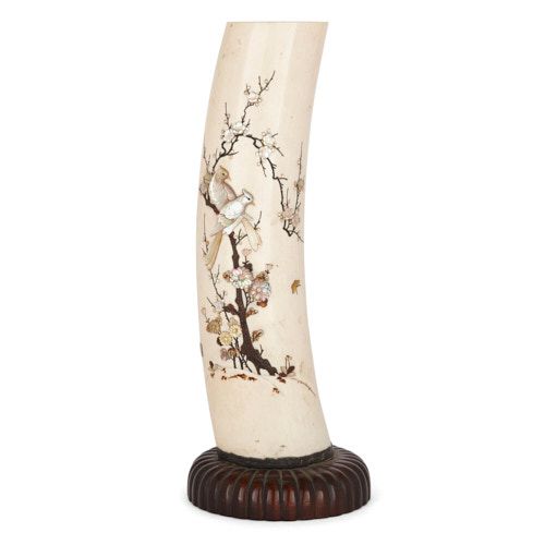 Japanese Meiji period Shibayama style ivory tusk vase