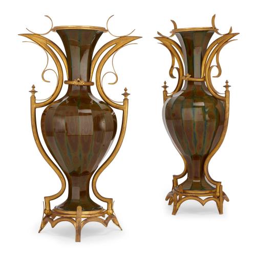 Pair of ormolu mounted rare Lithyalin glass antique vases