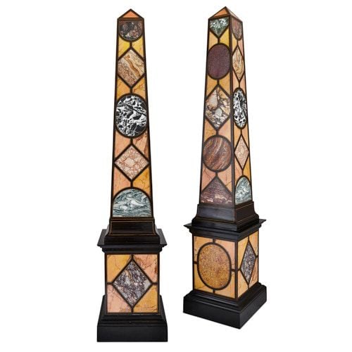 Pair of antique ebonised wood and specimen marble obelisks