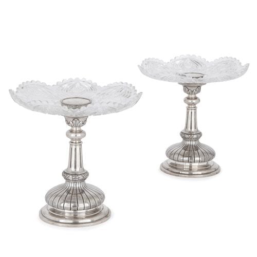 Pair of Russian silver and cut glass tazze