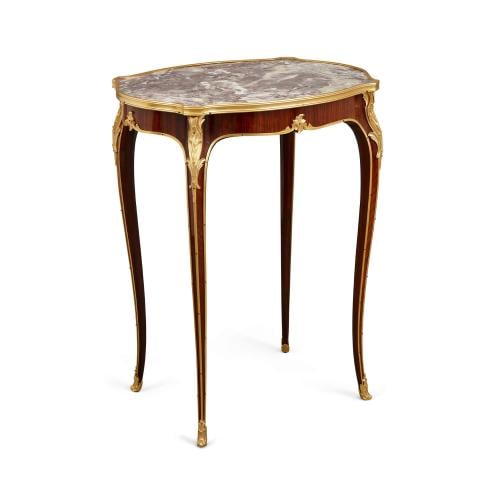 Ormolu mounted side table with marble top, retailed by Deveraux