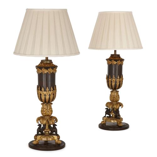 Pair of gilt and patinated bronze Empire style table lamps