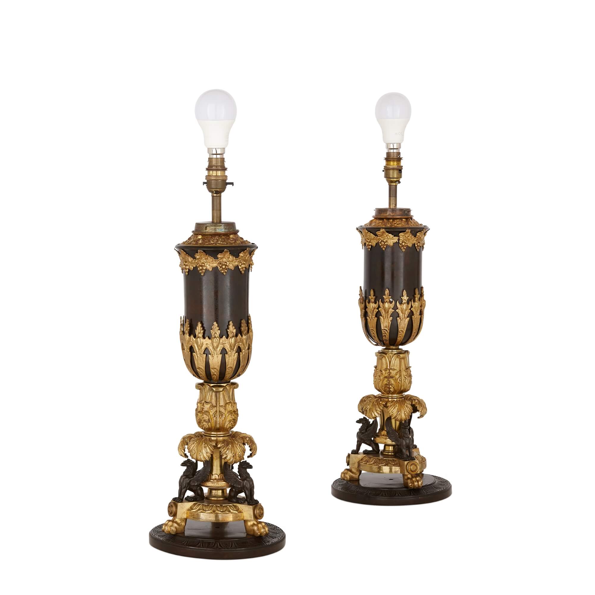 Pair of Russian Empire D'ore Bronze Candelabra with Porphyry Base