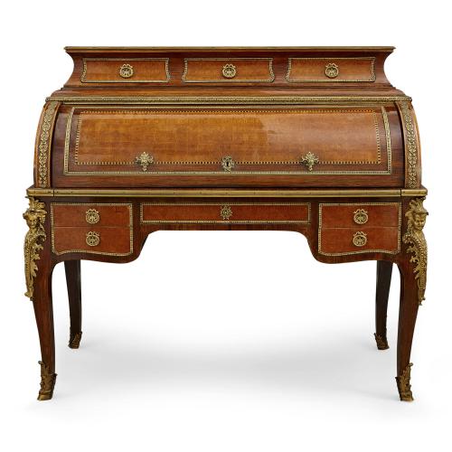 Ormolu mounted kingwood and mahogany antique roll top desk