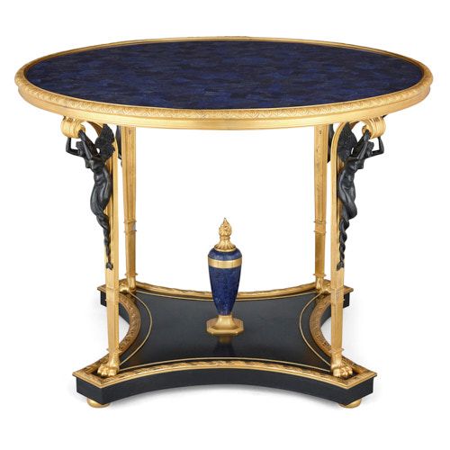 Empire style patinated and gilt bronze mounted lapis lazuli table