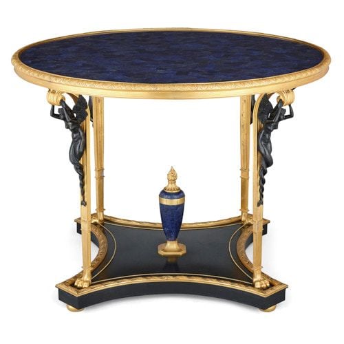 Empire style patinated and gilt bronze mounted lapis lazuli table