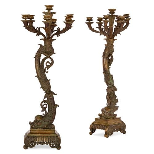 Pair of ormolu six light dolphin form candelabra