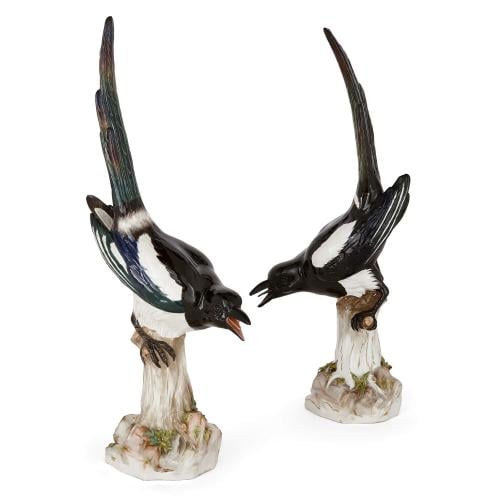 Pair of large of antique Meissen porcelain models of magpies