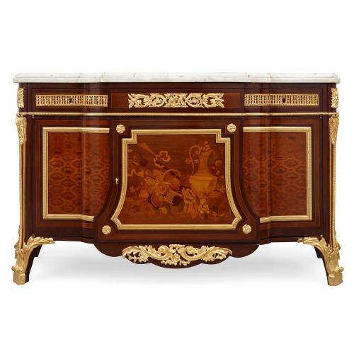 Louis XVI style ormolu mounted marquetry antique commode 