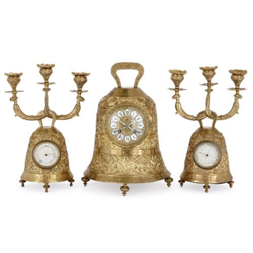 Antique French brass bell-shaped clock set