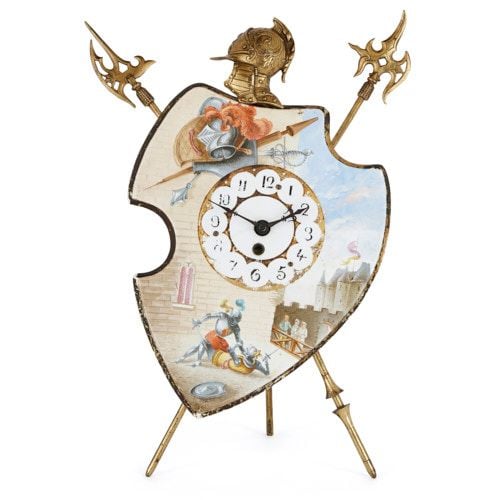 Antique porcelain and ormolu shield shaped mantel clock