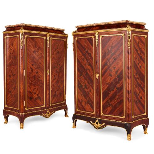Pair of antique French Rococo style marquetry and ormolu cabinets