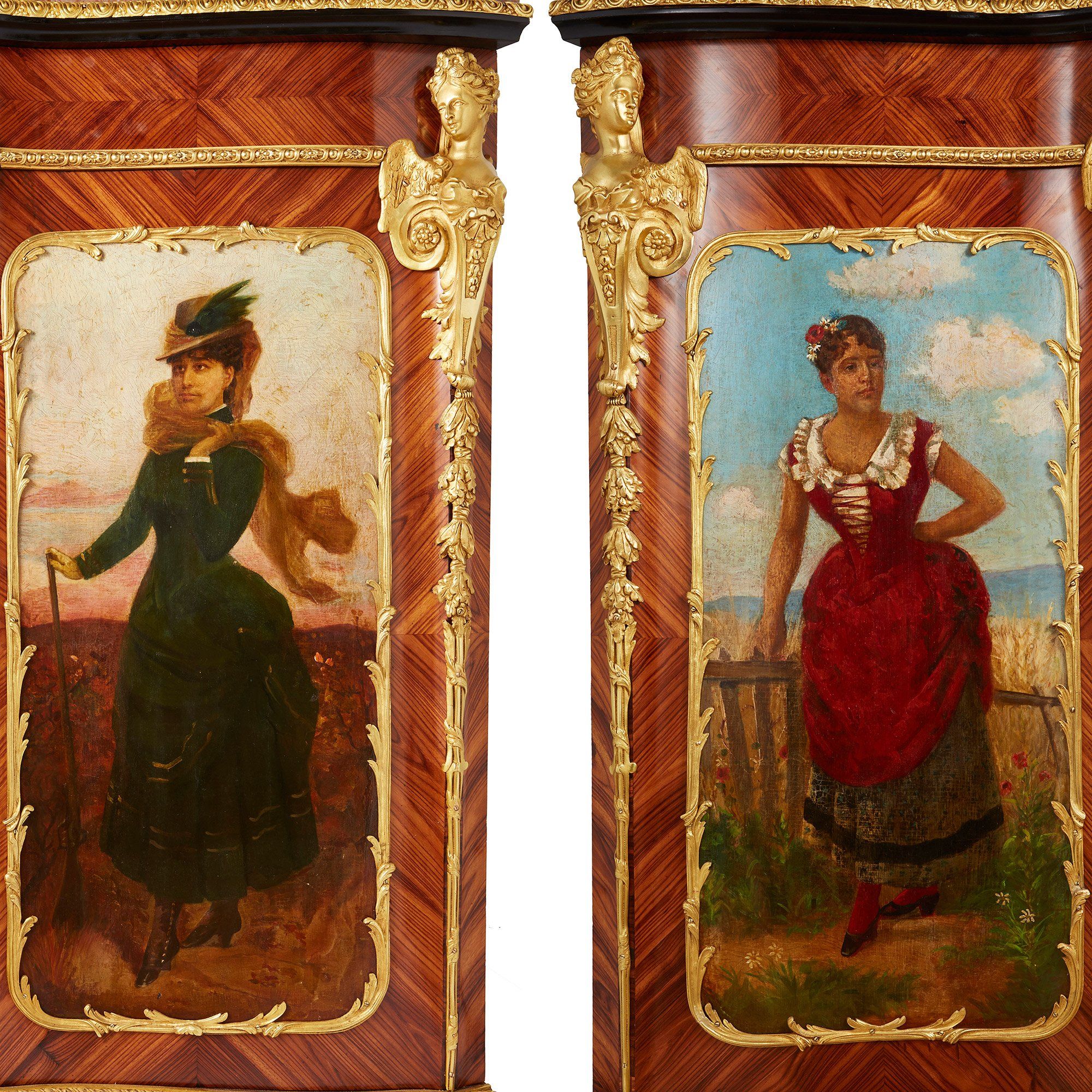 Pair Of Rococo Style Painted Tulipwood Antique Side Cabinets