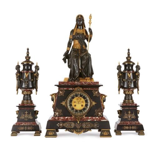 Egyptian Revival antique clock set attributed to Herbert