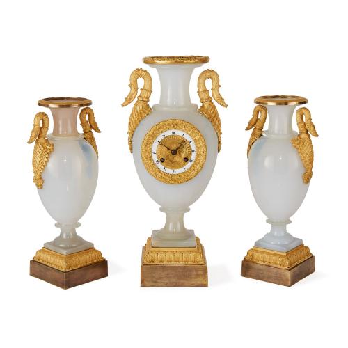 Restauration period opaline glass clock set by de Boussiard