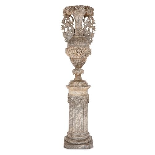 Large Italian carved alabaster vase on pedestal